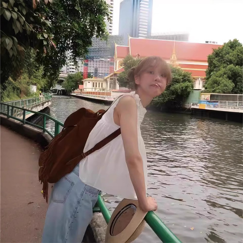 Now H White Fungus Lace Splicing Sleeveless Vest 2025 Summer Women's Small Flying Sleeves Loose Top Flet*A
