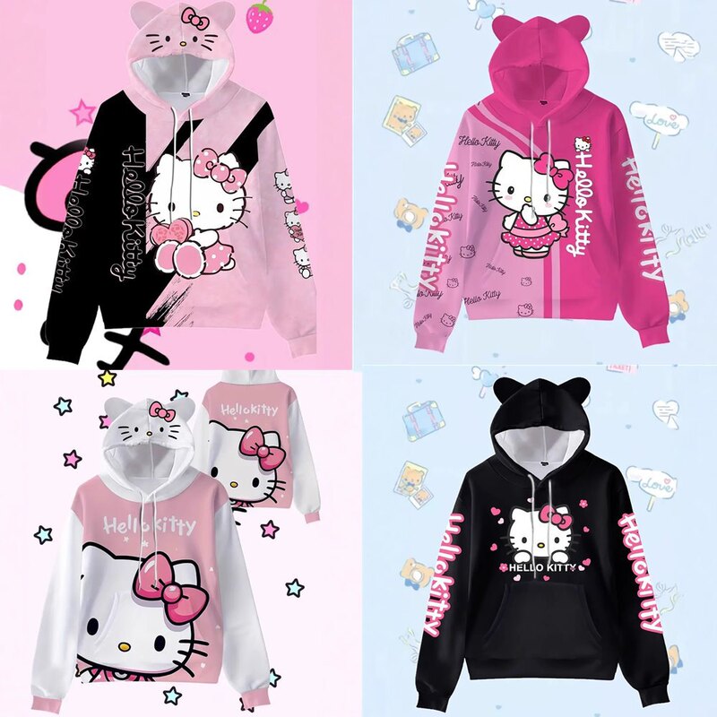 2025 Cross-border Spring and Autumn New Hello Kitty Cartoon Cat Ears Hoodie Men's 3D Printed Hoodie Women 2025 Cross-border Spring and Autumn New Hello Kitty Cartoon Cat Ears Hoodie Men's 3D Printed Hoodie Women