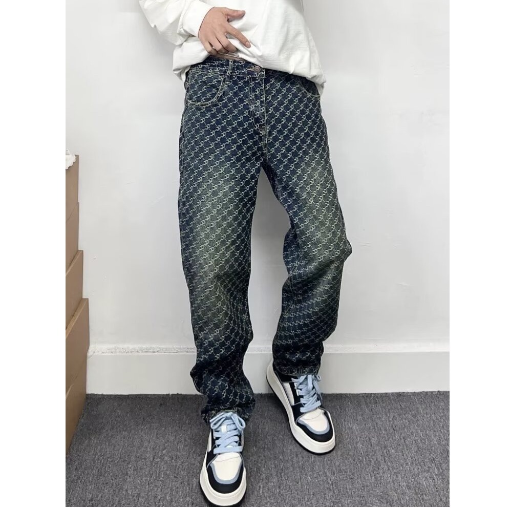 Men's Clothing High End Men's Straight Leg Jeans Streetwear American High Street Style Cool Edgy Vibe Full Print Embroidery_mkmklike.com