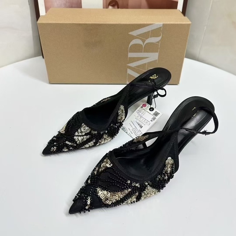 ZAR夏季新品 女鞋 黑色亮片串珠后绊带气质细高跟鞋尖头包头单鞋|undefined