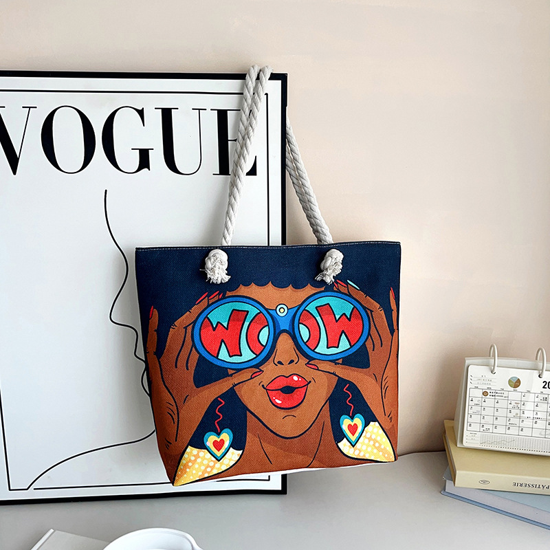 跨境外贸新款托特包彩绘画手工包卡通麻布包大容量黑人美女印花包