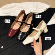 茜漫自制 法式酒红色粗跟玛丽珍女鞋漆皮小方头复古黑色高跟单鞋