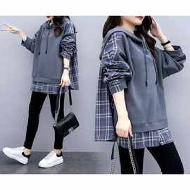 假两件薄款卫衣连帽秋季韩版宽松大码女装格子新款妈妈装