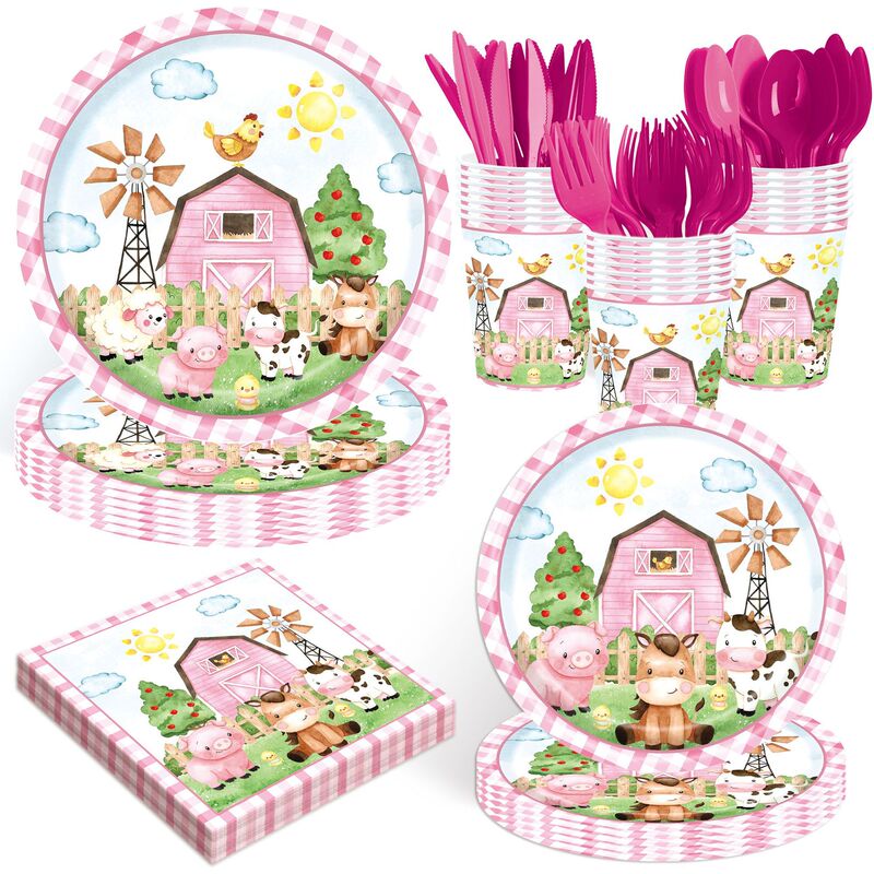 Amazon Pink Animal Farm Theme Party Decoration Tableware Disposable Paper Plates and Cups Supplies Christmas