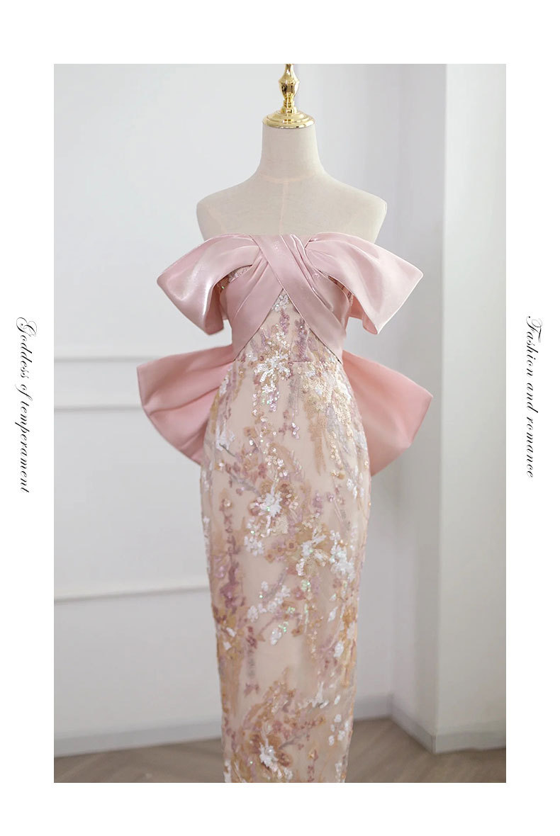 Pink Off-The-Shoulder Evening Gown Elegant Sequined Banquet Dress Slim Fit Unique Bride Toast Dress for Engagement Party Wear_ecoleips.com