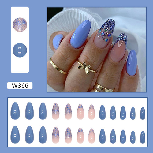 Solid color Smurf glitter almond nails fresh summer lake blue manicure showing white ins style European and American foreign trade wear