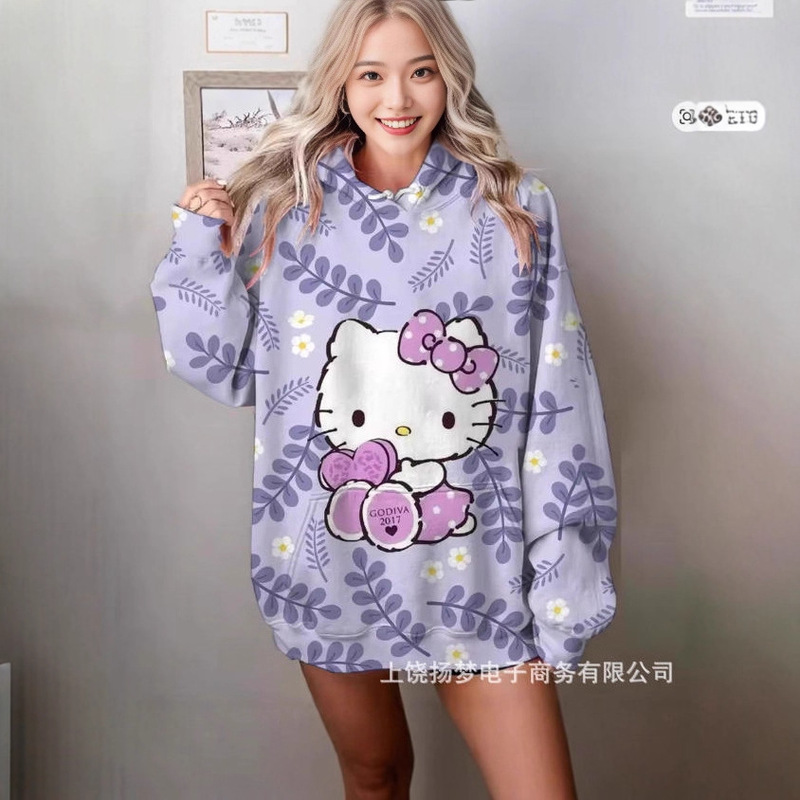 25 New Sweet and Cool Hello Kitty Light Pink Leopard Print Hooded Sweatshirt Cute Cartoon Loose Hooded Sweatshirt