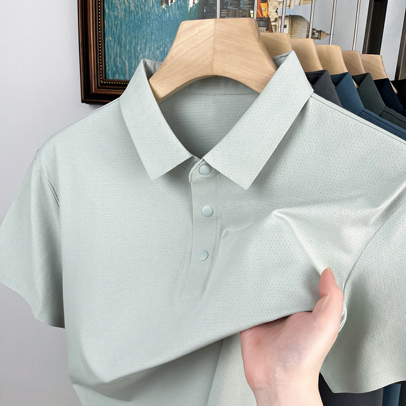 2025 New Quick-Drying Summer Fully Seamless Short-Sleeved T-Shirt Men's Lapel Refreshing Breathable Pure Color Polo Half-Sleeved Men's Clothing