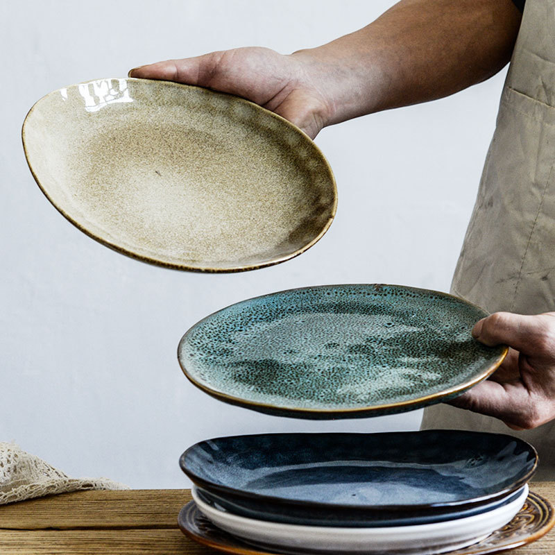 Household Ceramic Flat Plate Simple Style Dinner Plate Breakfast Plate Flaw Retro Factory Direct Sale
