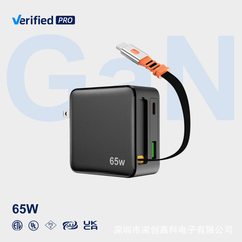 Retractable Charger 65W USB C Charger with C-Type Cable Fast Charger with Foldable Plug