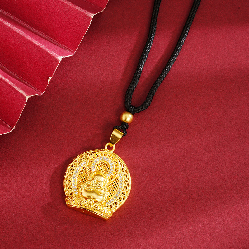 Estilo antiguo oro Maitreya Buda collar redondo imitación diamante lujo con incrustaciones de cobre chapado en oro moda nacional joyería auspicioso significado regalo suministro