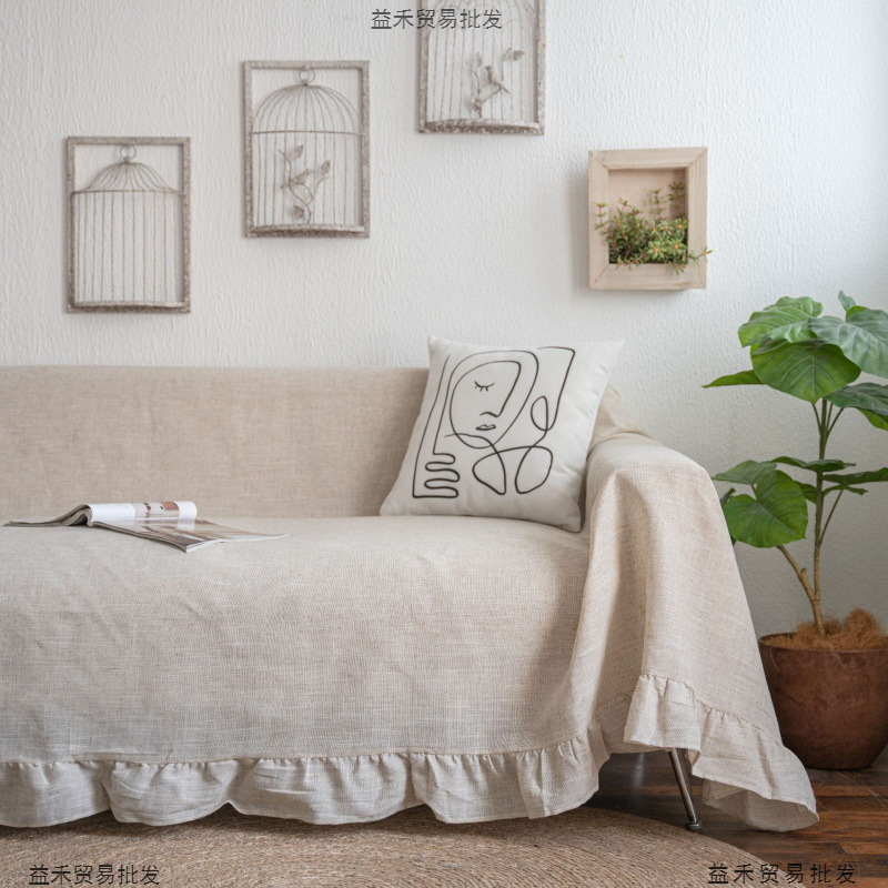 Cross-Border American Ruffled Sofa Cover Polyester Linen Plain Multi-Functional Sofa Dust Cover Factory Direct Sale