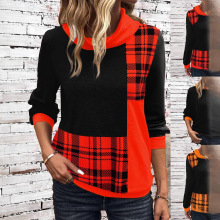 2024秋冬跨境女装亚马逊wish欧美格纹印花上衣高领休闲长袖卫衣女