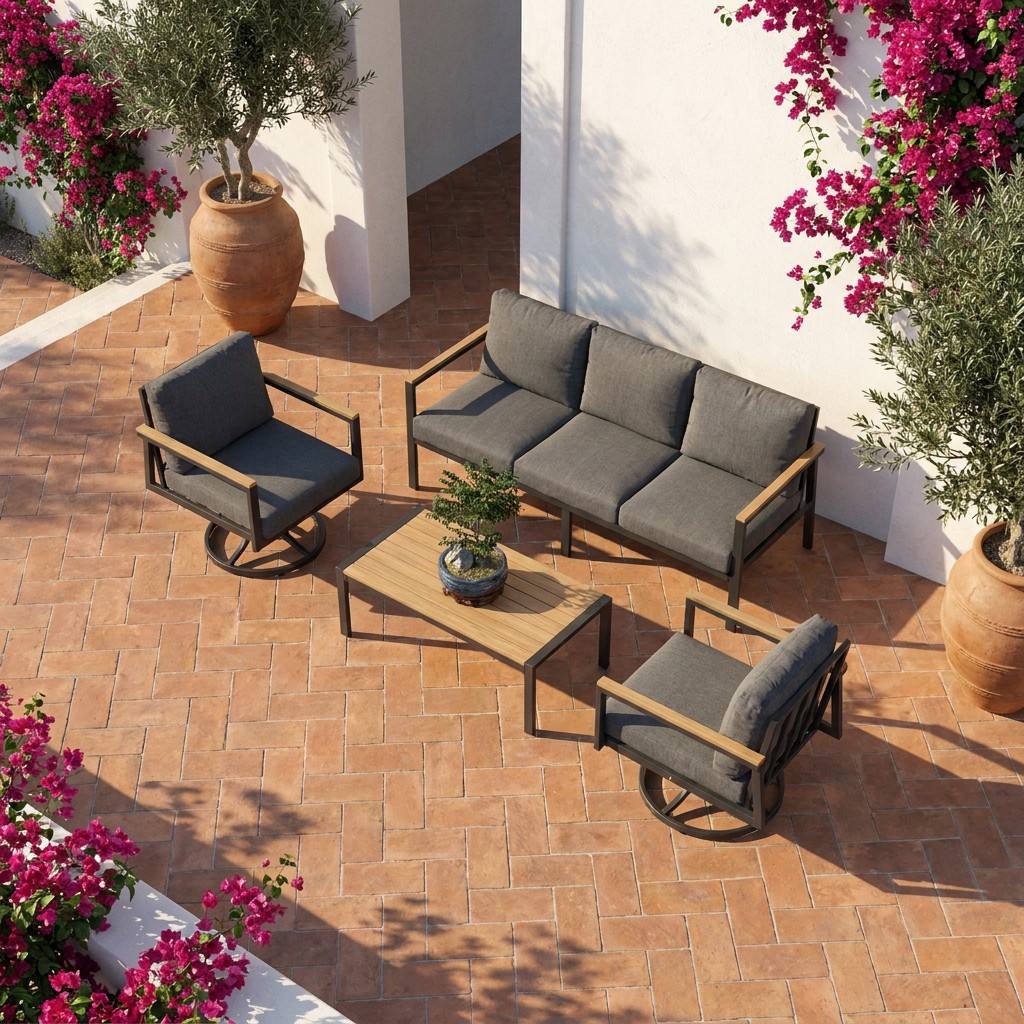 Sofás de patio al aire libre con cuatro piezas de marco de hierro, mesas de madera plástica con pasamanos, sofás impermeables y sillas giratorias en el balcón image 2