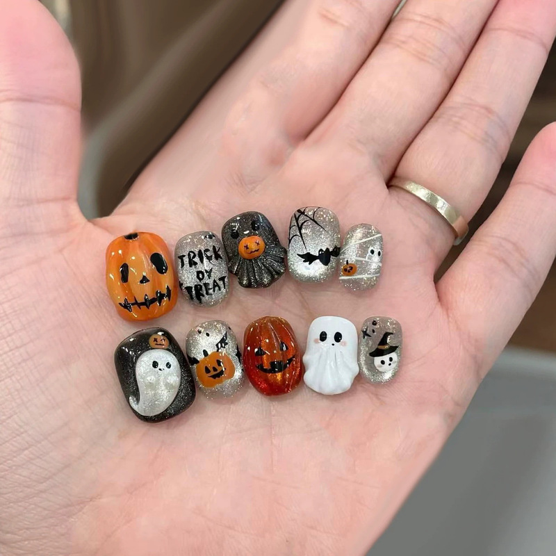 Halloween popular product: Adhesive ghost and pumpkin nail tips, sweet or edgy, hand-painted letters, holiday wearable nail art pieces
