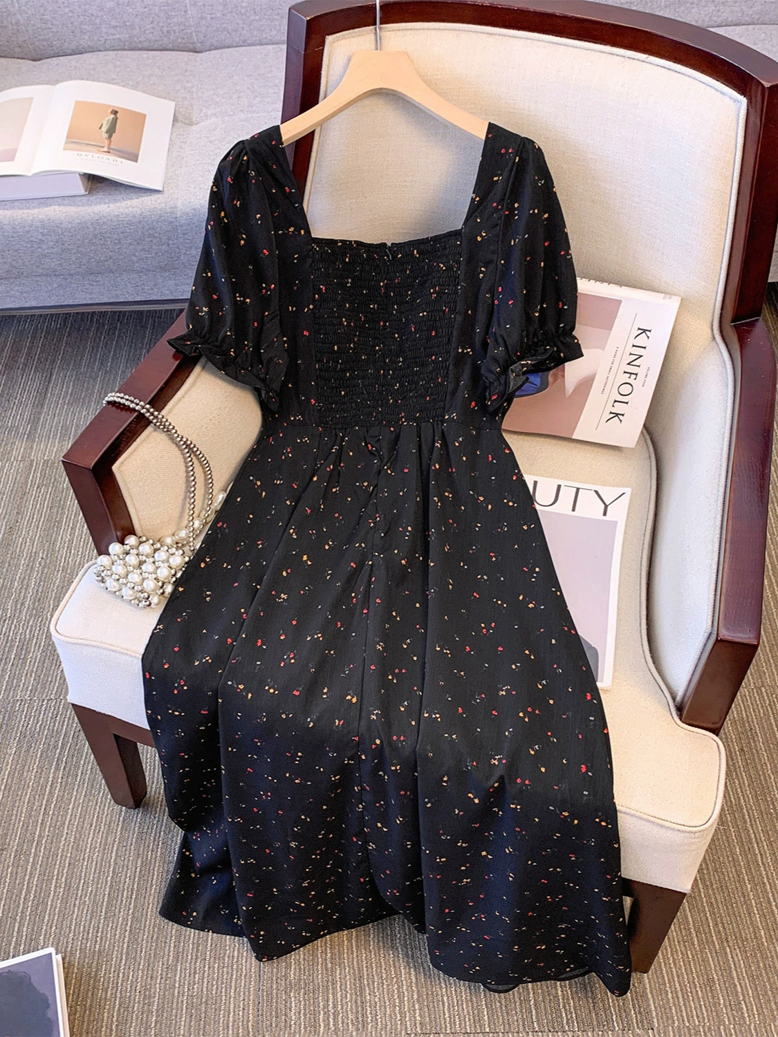 Retro Summer Dress Transformer, Plus Size, Square Neck, Floral Watermark Chiffon