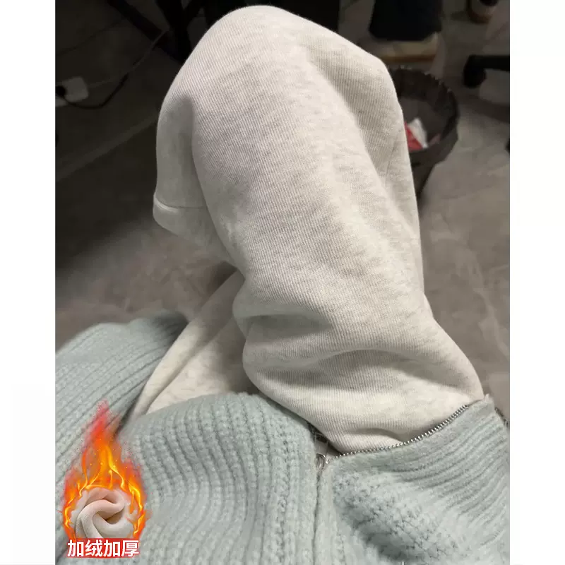 白灰运动裤女秋冬新款高腰垂感直筒阔腿裤小个子休闲美式加绒卫裤