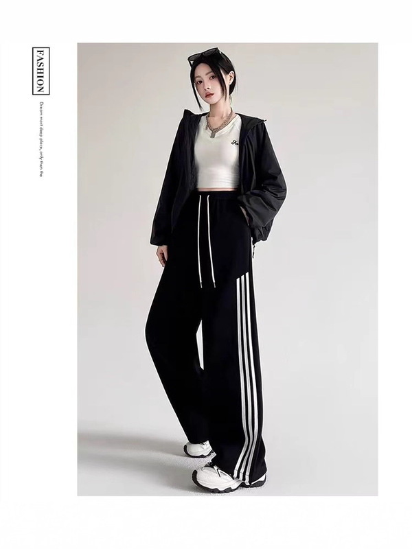 秋季新款美式辣妹斜纹三条杠可两穿阔腿卫裤女宽松休闲直筒长裤女|undefined