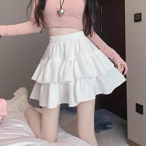 White pleated skirt for women's summer 2025 new style high-waist slimming a-line ruffled puffy skirt cake short skirt