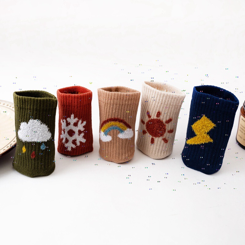 Autumn and Winter Thickeneded Socks for Women Flocked Weather Elements Cotton Mid-calf Women's Socks Half-velvet Embroidered Stockings INS Trend