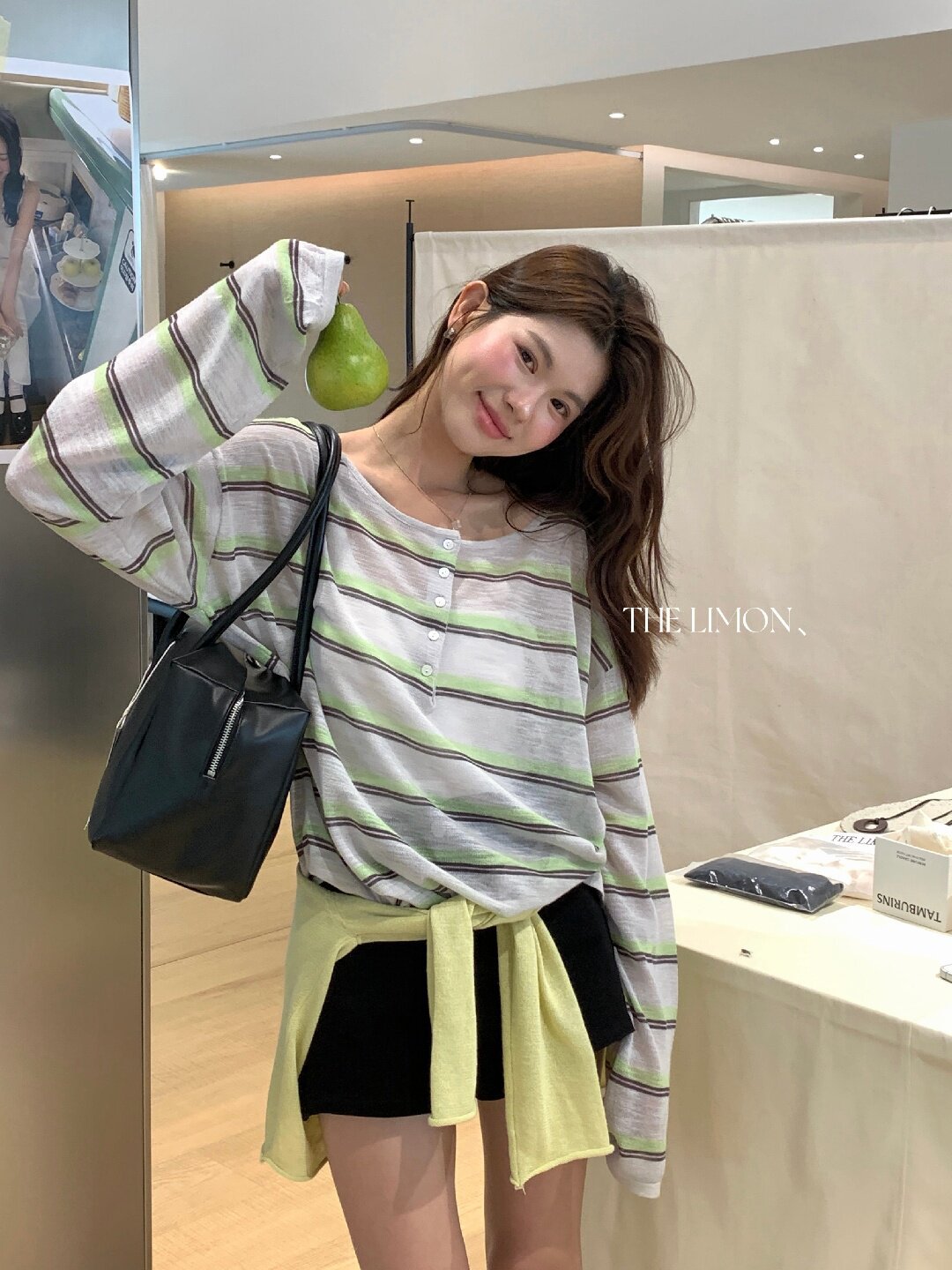 Áo thun nữ tay dài sọc kẻ phong cách Hàn Quốc form rộng — Sọc trắng nền kem, Sọc xám nhạt chi tiết 54