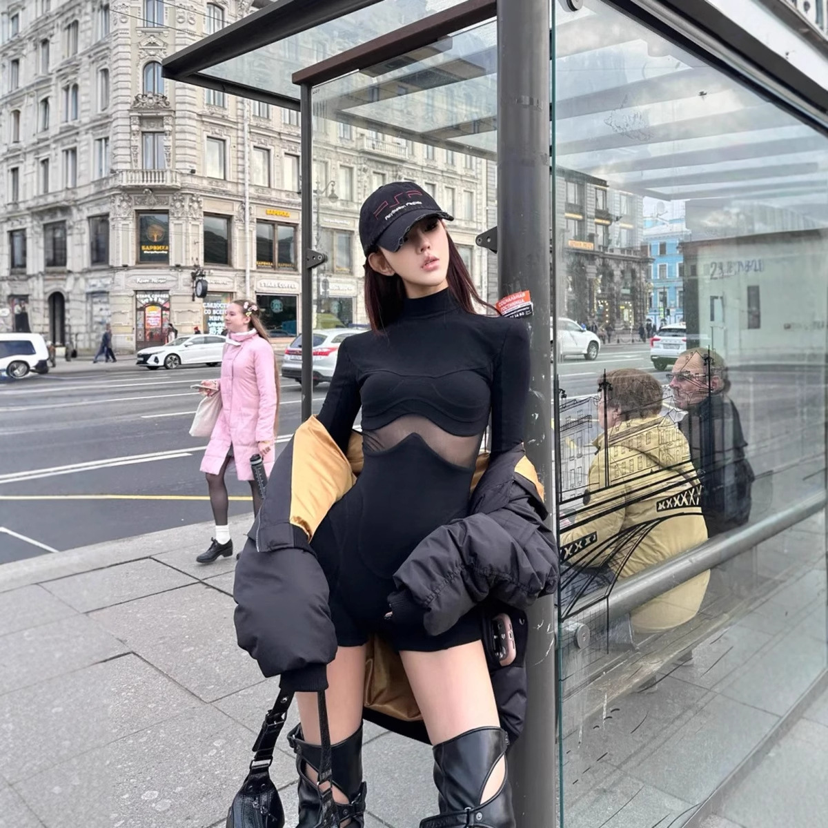 纯欲黑色网纱长袖连体短裤女秋季新款辣妹性感修身内搭包臀休闲裤