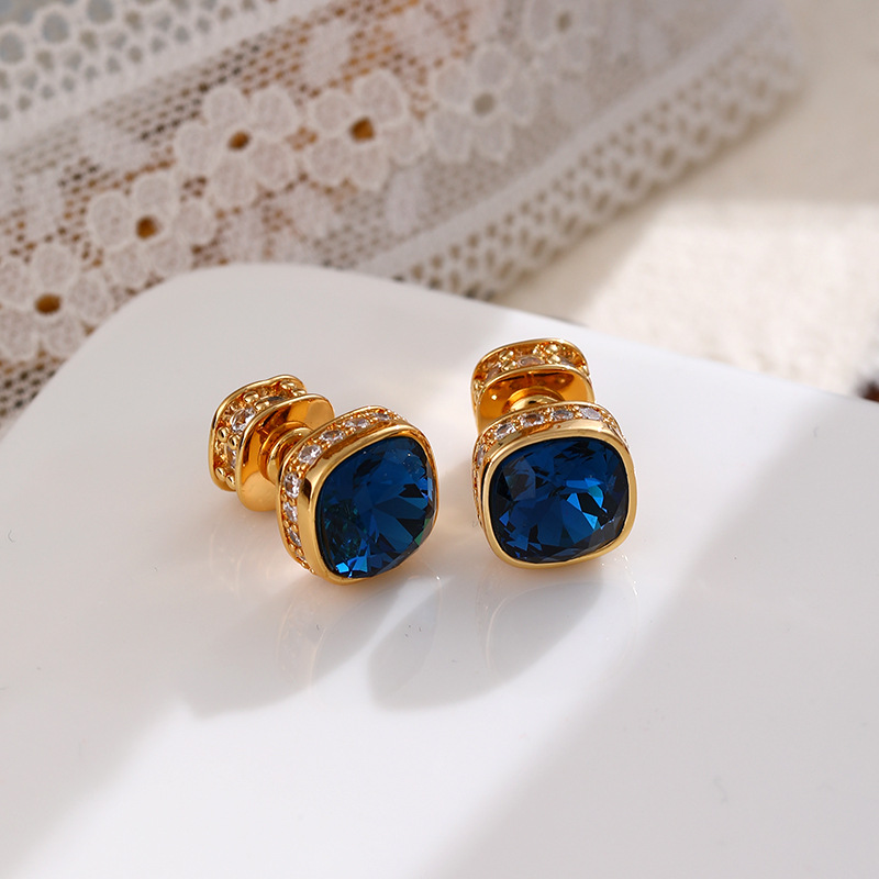 다크블루 18K 골드 스퀘어 크리스탈 스터드 귀걸이 [925실버바늘]