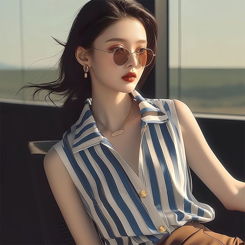 2026 New Summer Blue V-Neck Vertical Striped Sleeveless Shirt for Women, Stylish High-End Unique Top