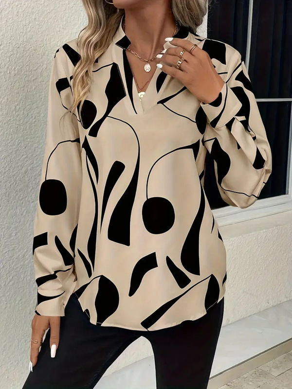 In-Stock Amazon European and American Cross-Border Wish Women's Printed Notched Collar Shirt Casual Long-Sleeve Shirt Top