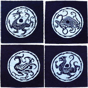 Yunnan Miao Ethnic Batik Painting, Pure Handmade Batik Home Decoration Painting, Four Mythical Beasts Batik Wall Hanging 46×46