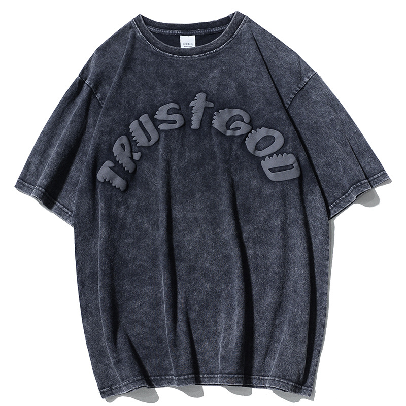 Nueva High Street Inglés de espuma impresa de manga corta Camiseta de los hombres y las mujeres de la marca de moda 270g de algodón suelto lavado apenado superior