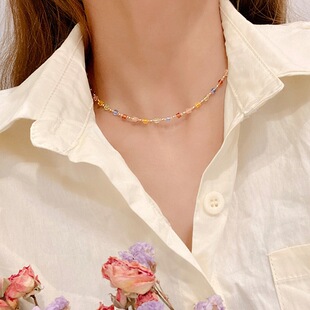 Korean Style Ins Style New Dopamine Color Crystal Necklace Women Sweet Simple 2025 Summer Collarbone Chain Accessories