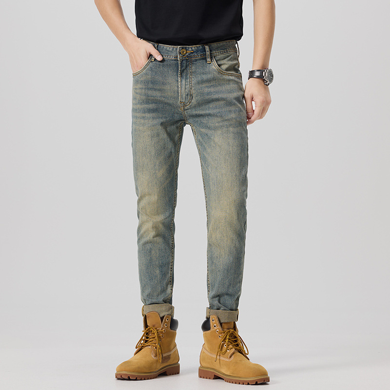 High-End, Height-Enhancing and Slimming Men's Jeans, Stretchy Slim-Fit Retro Washed Antique Bronze Color, Small Straight-Leg Casual Pants