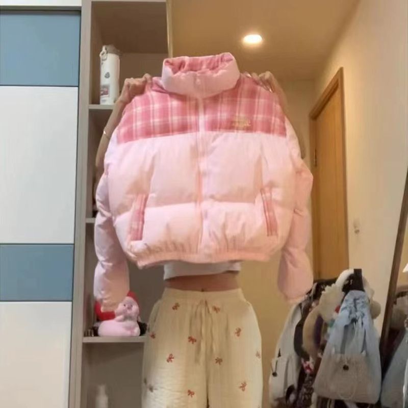 American Retro Patchwork Plaid Cotton Jacket for Women, New Winter Thickened Warm Puffer Jacket for Petite Figures, Trendy Cotton Coat