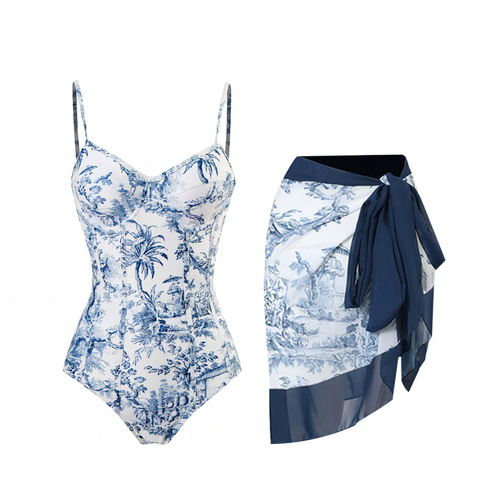 2025 European and American one-piece swimsuit for women, conservative, slimming, retro printed, with underwire, chiffon long dress-style swimsuit