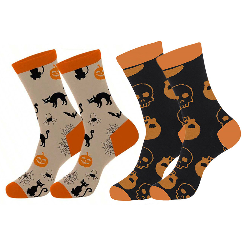 New Holiday Gifts Halloween Cat and Skull Cartoon Socks Men's and Women's Mid-Calf Sports Socks