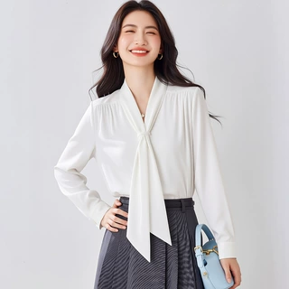 2026春秋新款上衣女白色雪纺衫设计感小众V领衬衣长袖女士衬衫