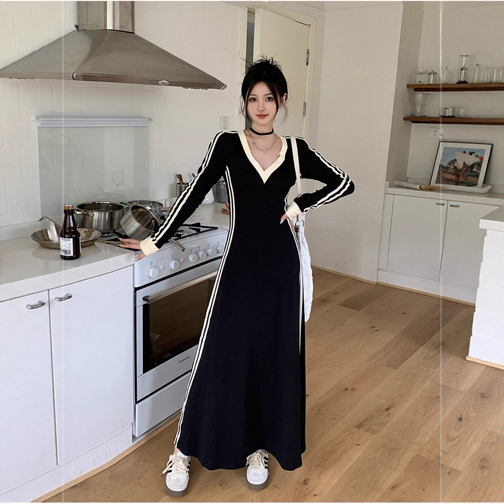 大码胖mm春季条纹V领长袖t恤打底裙连衣裙女韩版高级感a字长裙子