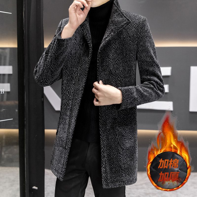 秋冬型男中长款时尚百搭风衣韩版修身上衣外套男士翻领毛呢大衣