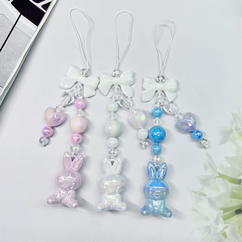 Mobile phone, strap handmade, beaded bracelet, three dimensional beads with bow, protective pendant
