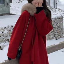 小魔女狐狸毛领双面羊绒大衣女2024秋冬小个子红色羊毛大衣外套女