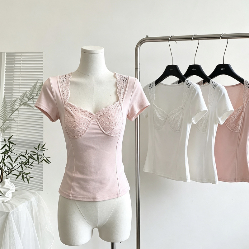Nuo Chu Callmeear//Heartbeat Venus Patchwork Design Waist-Slimming Short-Sleeve T-Shirt for Women Summer Top