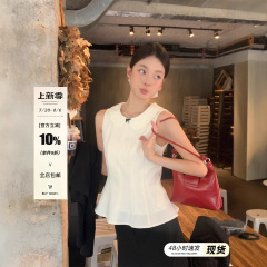 宋正恩白色娃娃领吊带背心女夏季蝴蝶结韩系修身短款无袖百搭上衣
