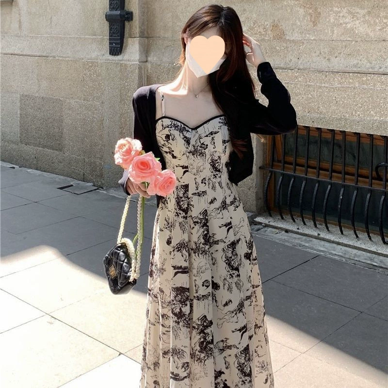 Платье больших размеров с рисунком тушью и бретельками-спагетти, элитный элегантный кардиган, состоящий из двух частей, французский утягивающий костюм, длинное платье.