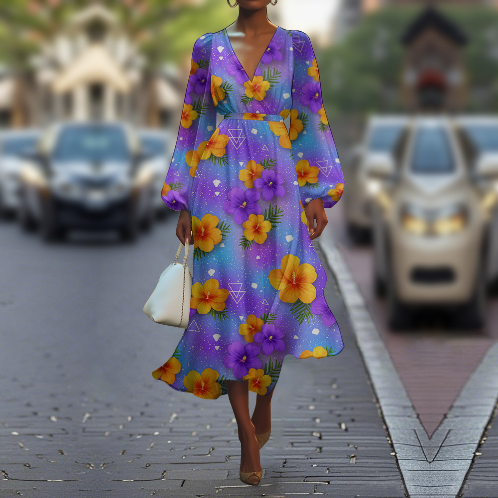 Women's V-Neck Dress Summer Fashion Floral Puff Sleeve Dress_ecoleips.com