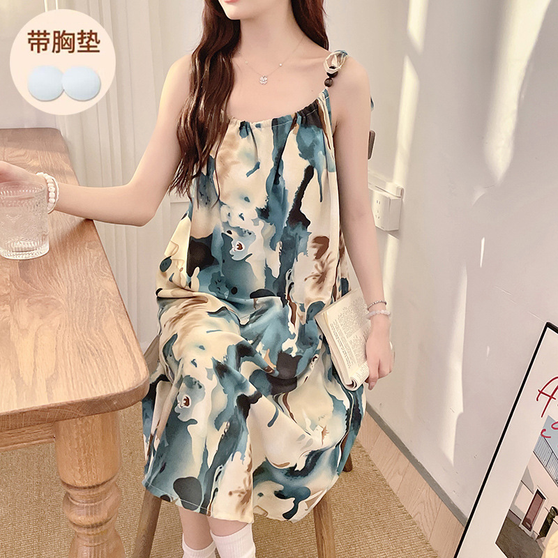 Verano 2024 aumento de peso con cojín de pecho fresco vestido de pijama de estudiantes de niña cabina de algodón Wal-Mart ropa de hogar media y larga