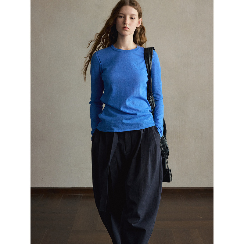 【Shiji】Women's Cotton-Linen Pleated Texture T-Shirt, Dry and Breathable, Slim Fit, Round Neck, Short Sleeve Knitwear M63446