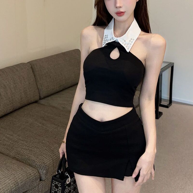 High-End Heavy-Duty Diamond-Encrusted Polo Collar Short Top, Feminine Backless Thai Sexy Halterneck Vest Summer