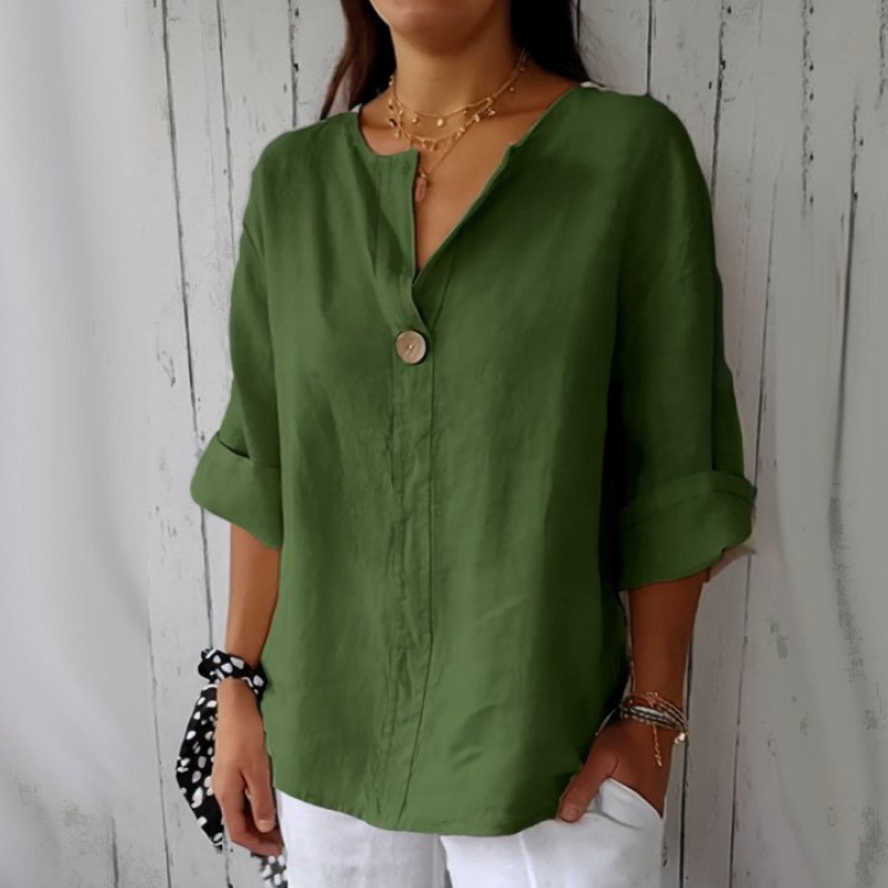 Women's Autumn Loose-Fitting Cotton Linen T-Shirt With V-Neck And Buttoned Design, Available In Plus Sizes For Wholesale_ecoleips.com