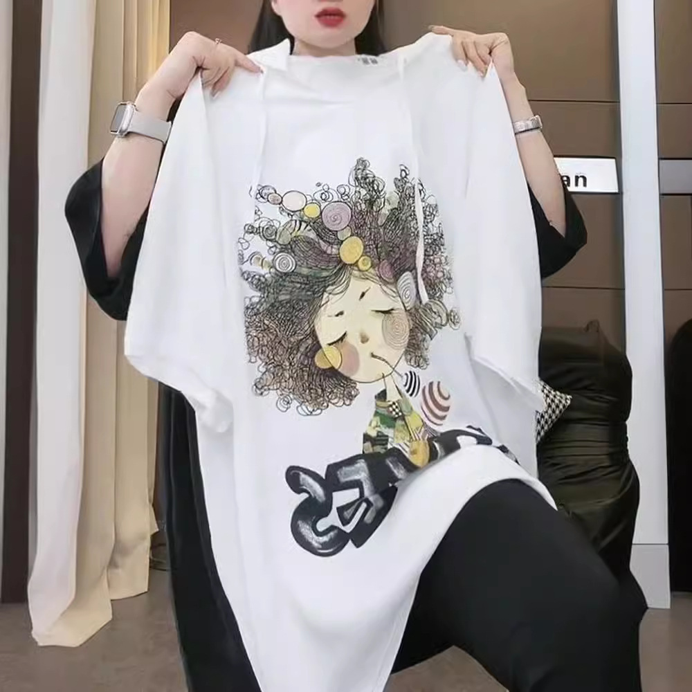 Productos europeos verano nuevo estilo suelto viento casual estampado de dibujos animados con capucha top de manga corta camiseta delgada de longitud media
